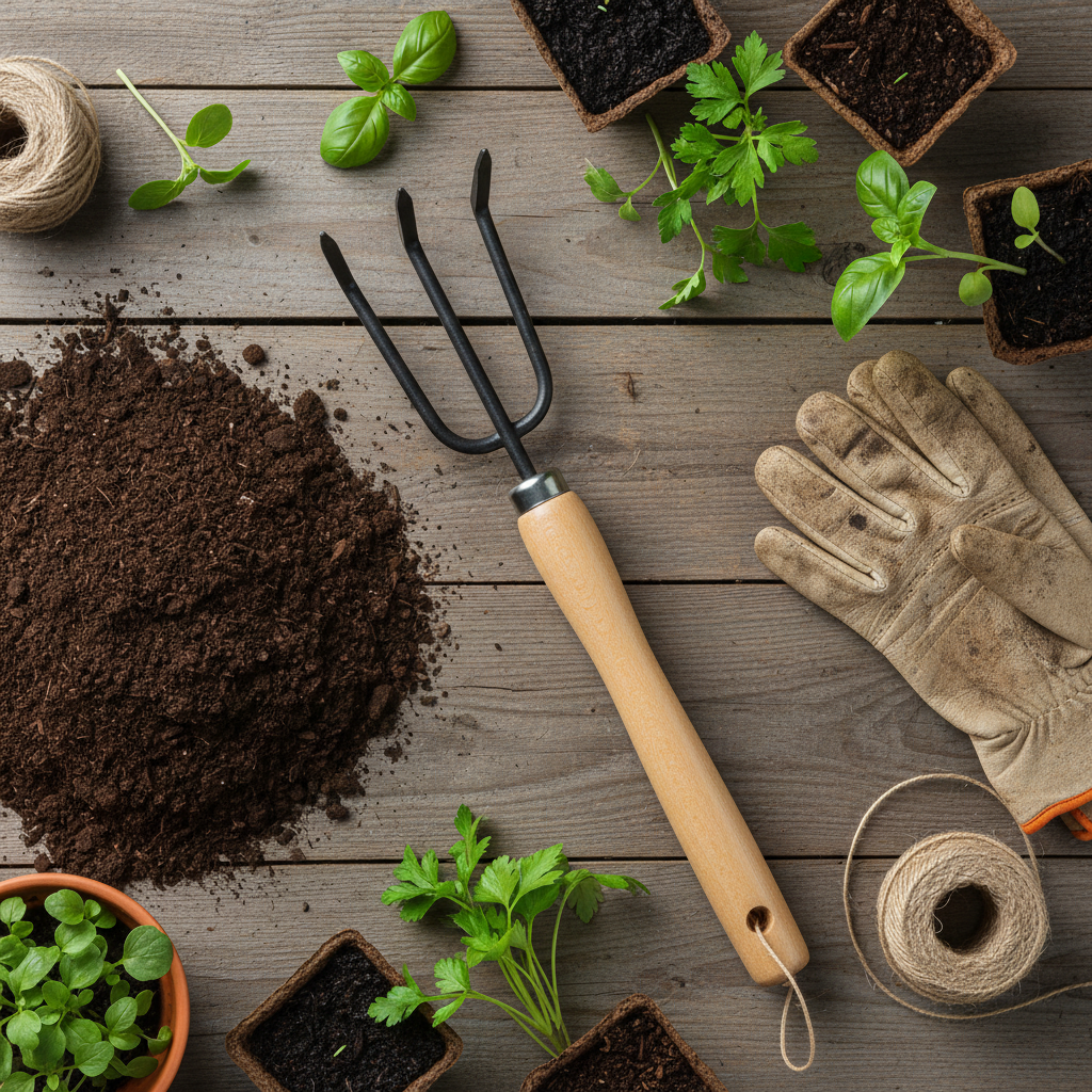 Garden Tool Flat Lay with Soil