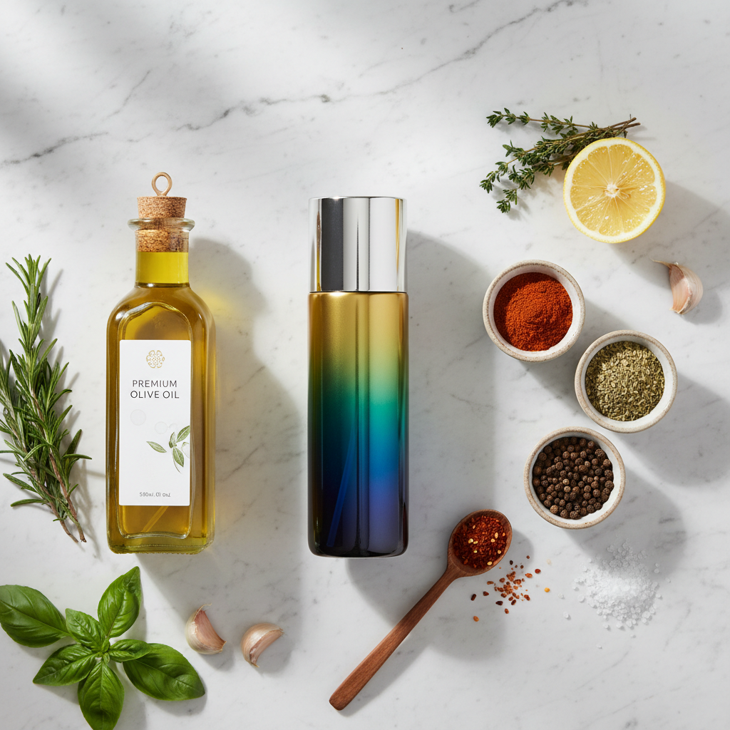 BHUSHANBAZAR Oil Mist Spray Bottle Flat Lay Kitchen Setup