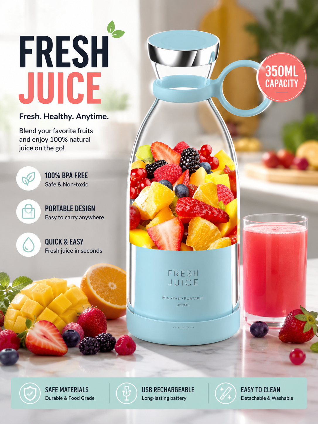 Travel Portable Mini Juice Blender | USB Rechargeable | BPA Free | Fresh Juice Anywhere