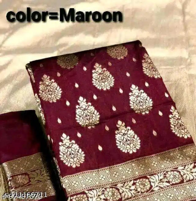Banarasi Silk Saree for Women | Zari Floral Motifs | Red & Maroon | 5.5m + Blouse | BhushanBazar