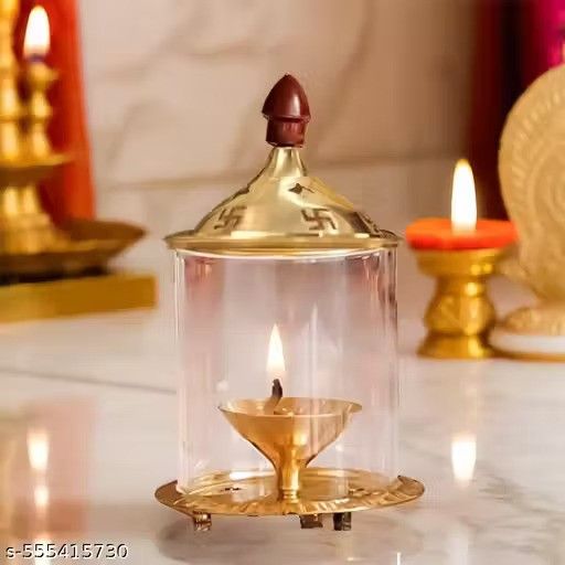 Brass & Glass Akhand Deep Diya with Cover – Puja Oil Lamp | Deepam Jyot