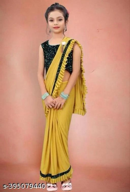 Lycra Solid Saree for Girls | Ruffled Border | Sequin Blouse | Mustard | 5-6 Years | BhushanBazar
