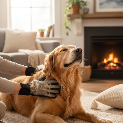 Grooming Golden Retriever with Pet Gloves