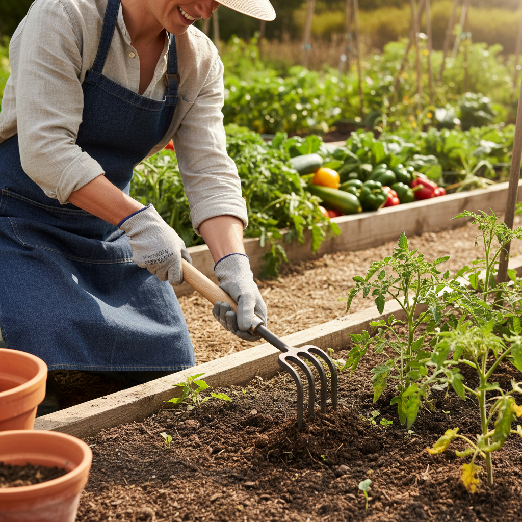 Using Weeding Tool in Vegetable Garden