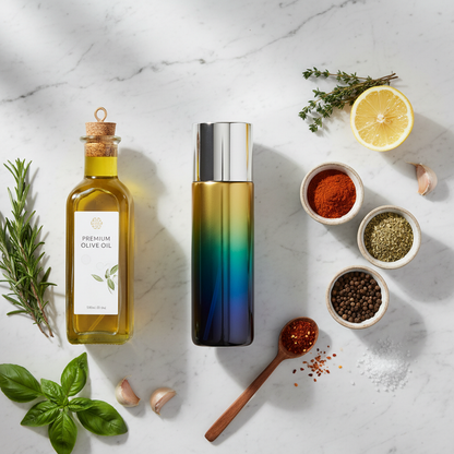 BHUSHANBAZAR Oil Mist Spray Bottle Flat Lay Kitchen Setup