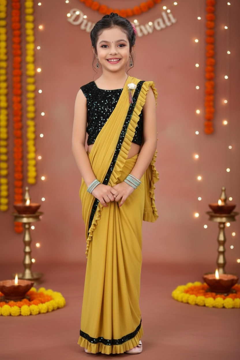Girls Mustard Saree Festive Occasion