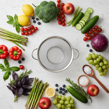 Steel Strainer Fresh Produce Flat Lay
