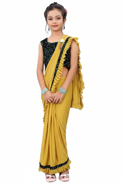 Girls Mustard Saree White Background