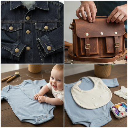 Snap Buttons on Denim Jacket and Leather Bag