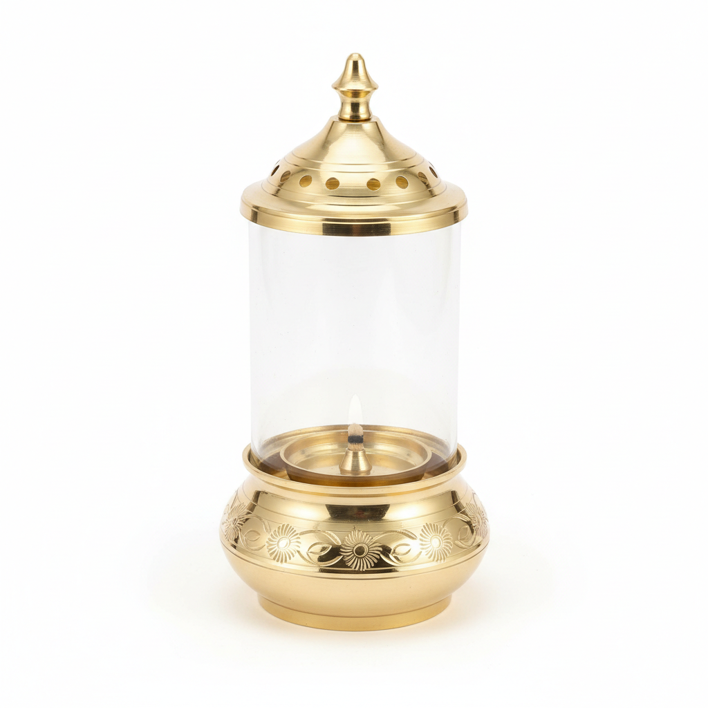 Brass Glass Akhand Deep Diya with Cover
