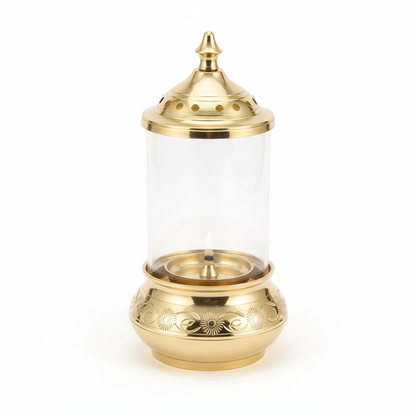 Brass Glass Akhand Deep Diya with Cover