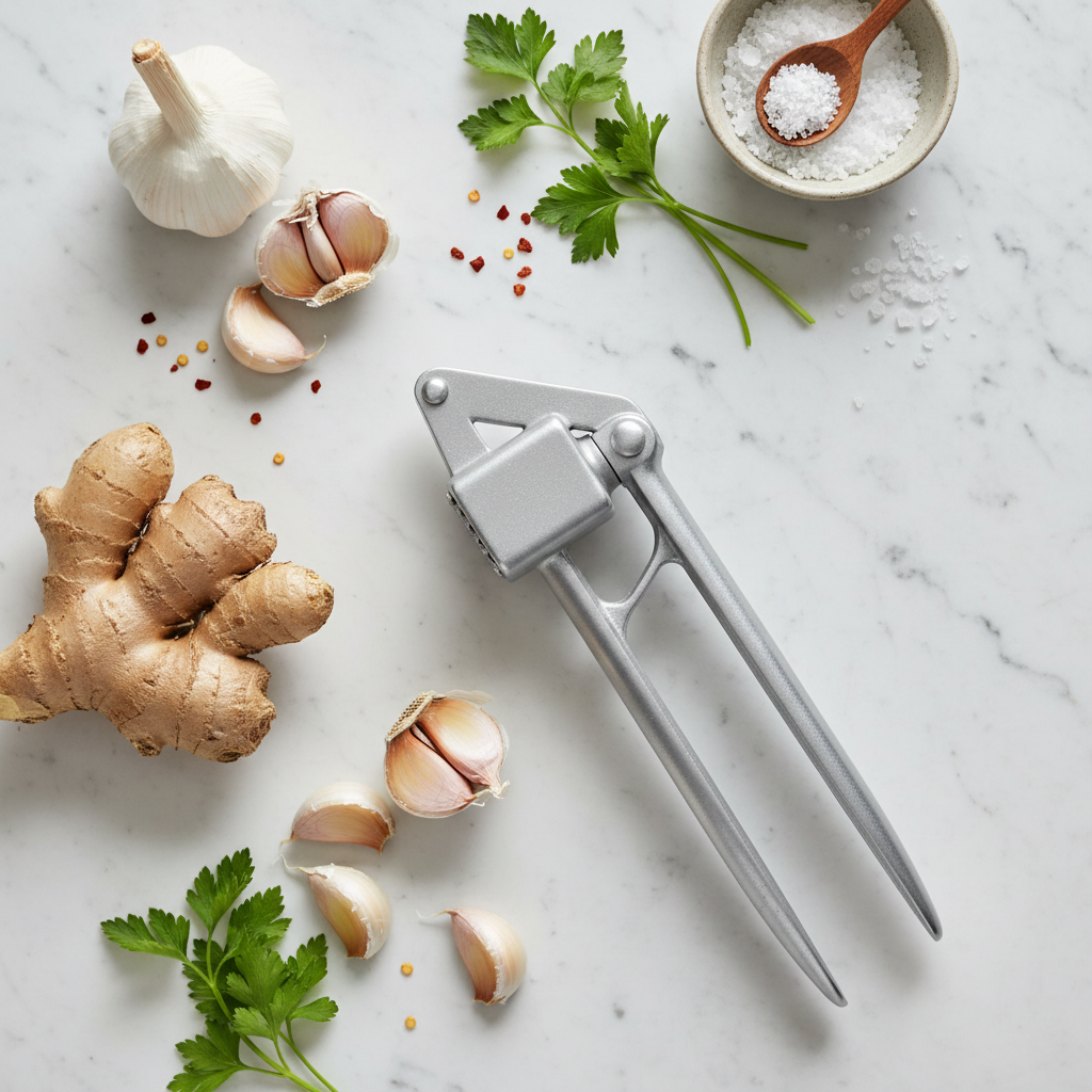 Garlic Crusher Fresh Ingredients Flat Lay