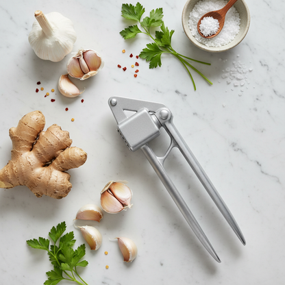 Garlic Crusher Fresh Ingredients Flat Lay
