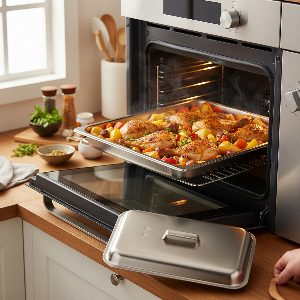 Baking Tray with Roasted Food in Oven