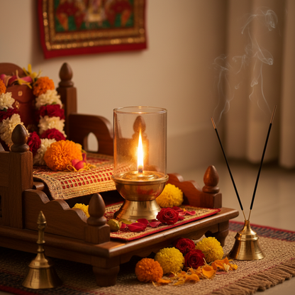 Lit Diya on Puja Altar with Flowers